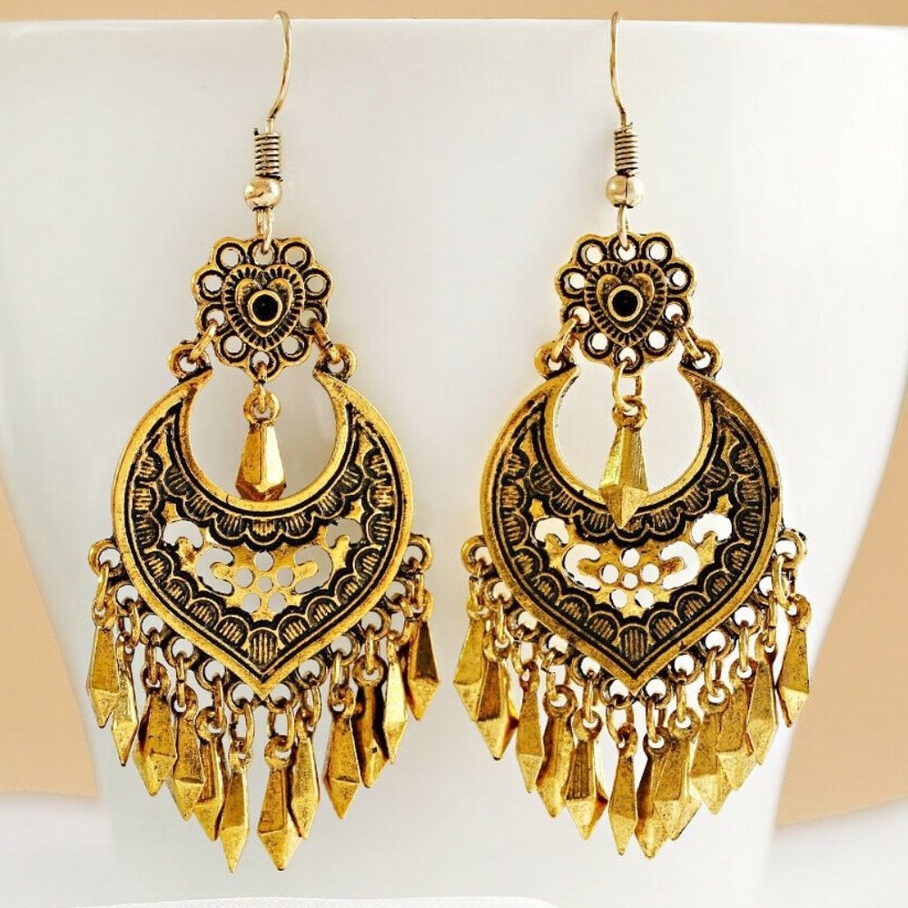 Gold Filigree Bohemian Chandelier Earrings - Picture 3 of 3